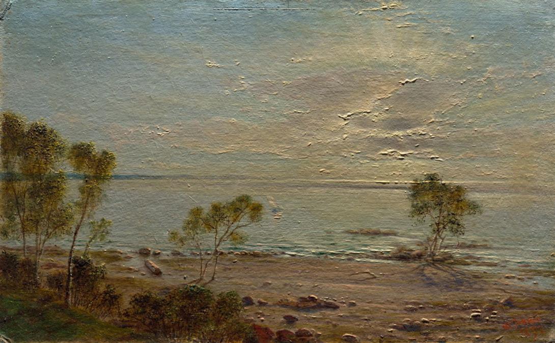 Slider: Raking light, Sunrise from Sandgate Beach, Humpy Bong in distance 1892 JENNER, Isaac Walter