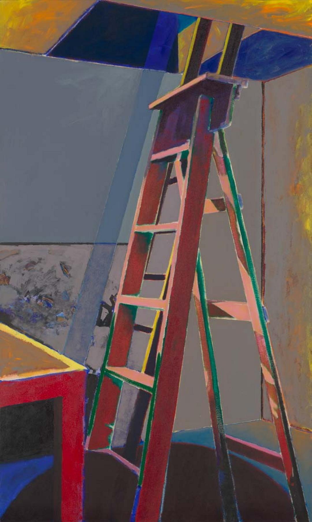 An acrylic painting of a red step ladder positioned under a manhole. 