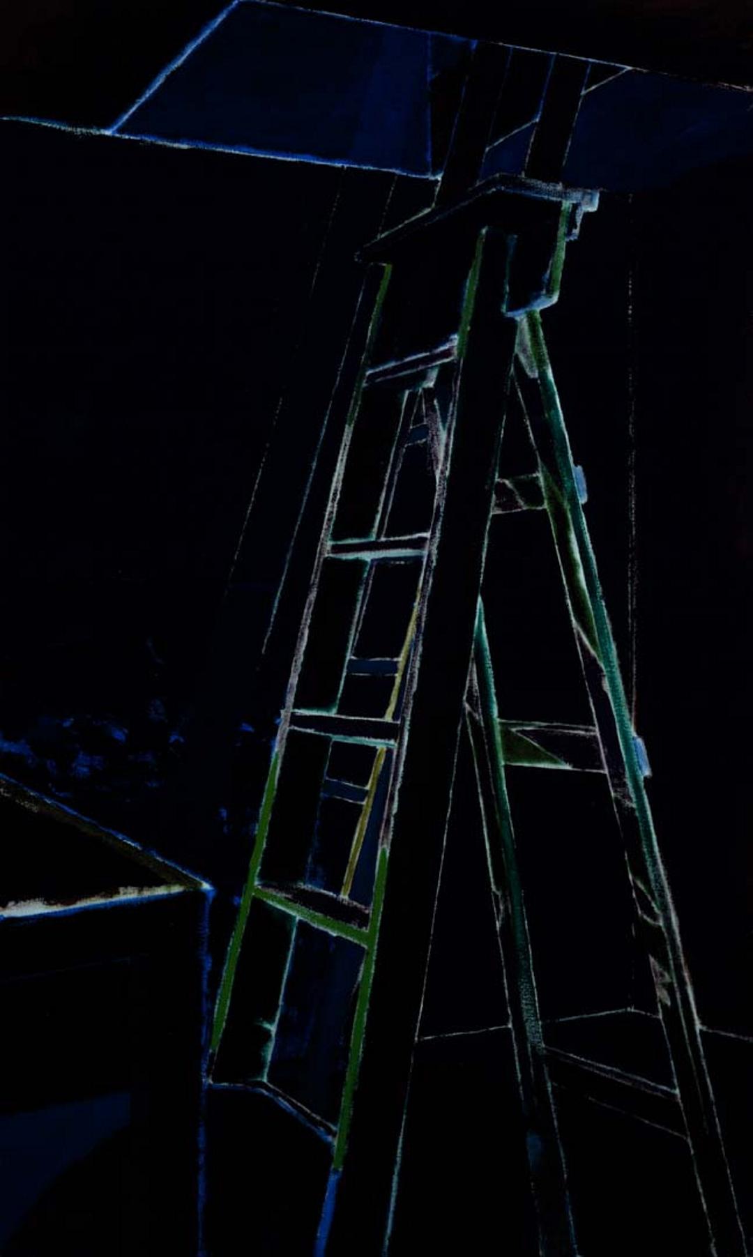 An acrylic painting, photographed under UV light, of a red step ladder positioned under a manhole. 