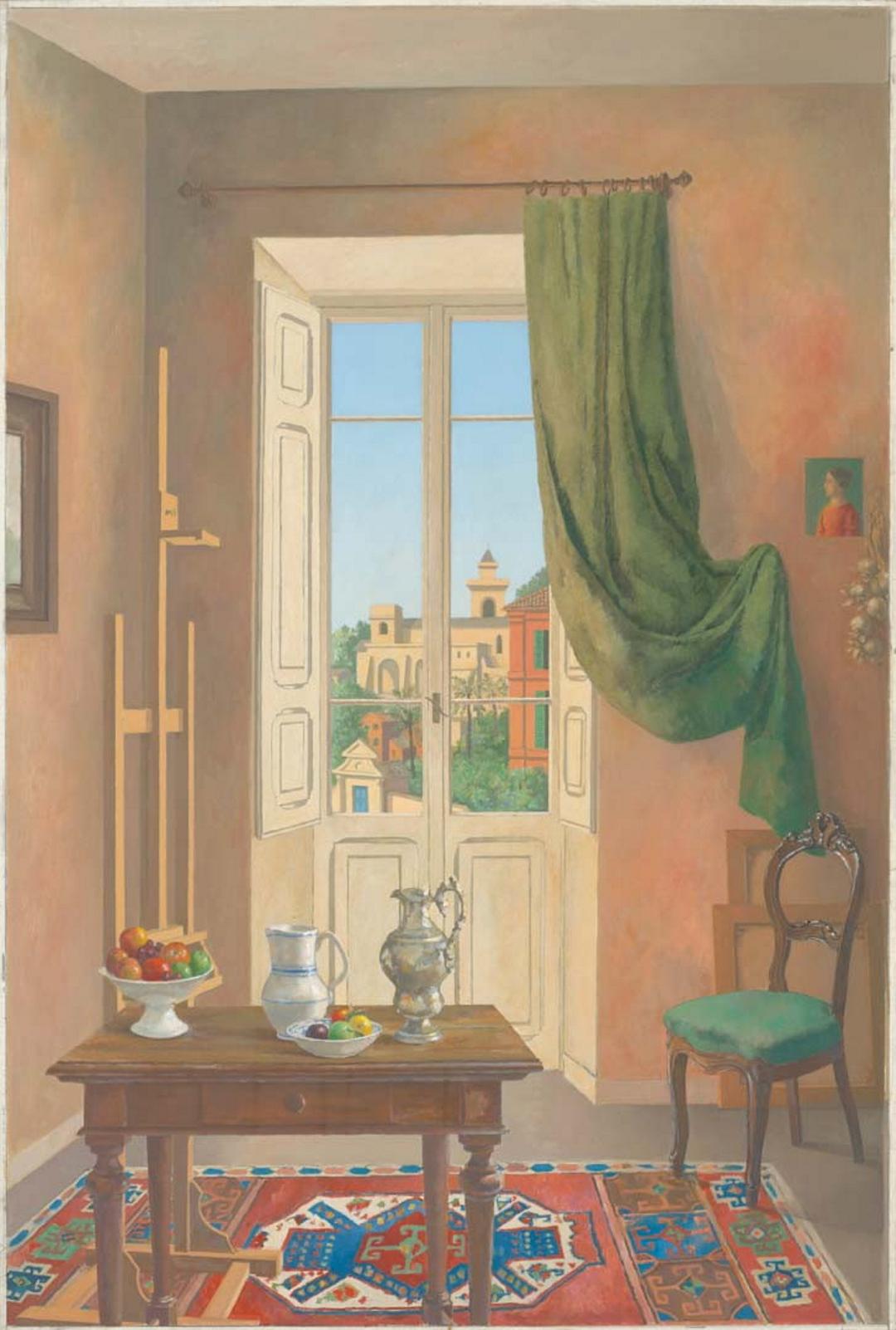 A painting of the artist's studio, with a window looking out to a bright clear day in Rome.