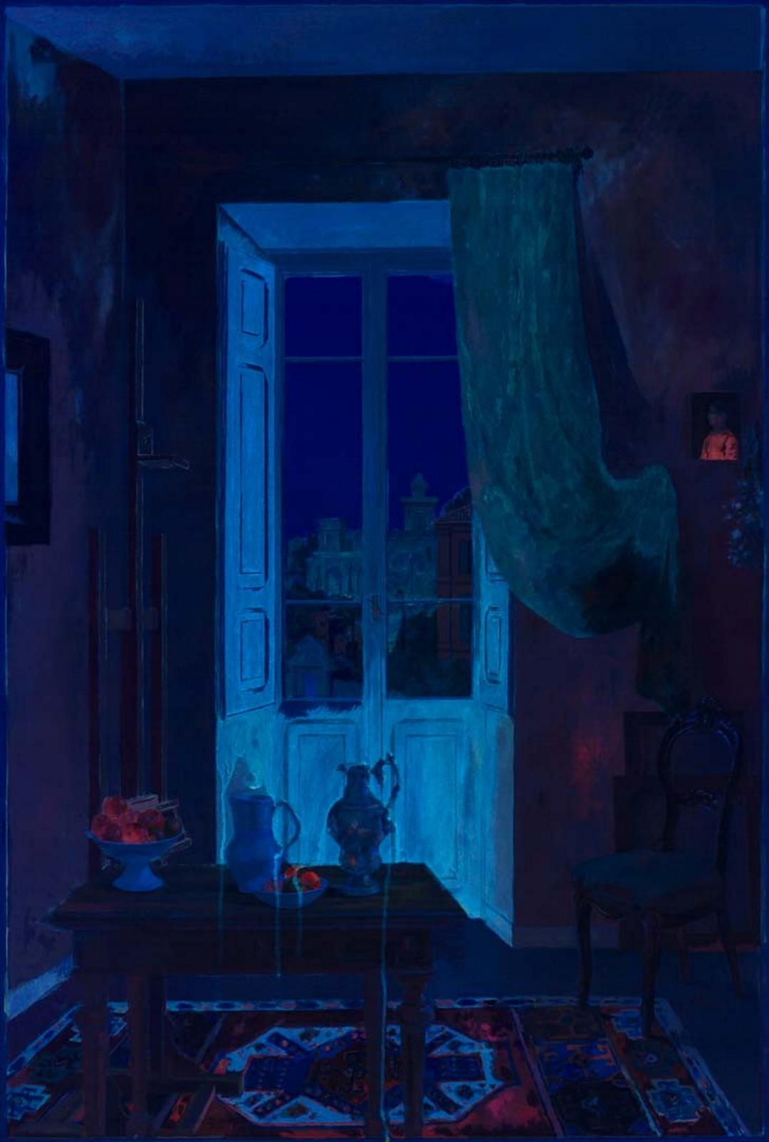 A painting of the artist's studio, with a window looking out to a bright clear day in Rome, photographed in UV light.