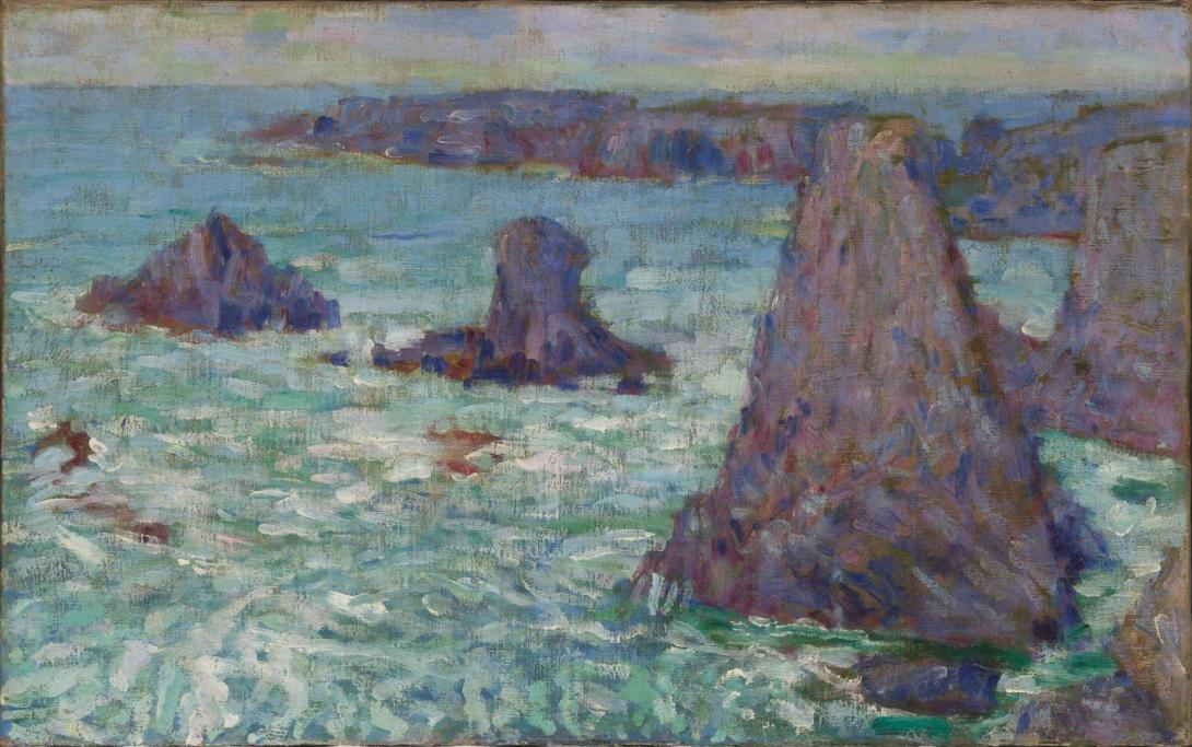 An oil painting by John Russell of a seascape and rock formations at Belle Ile.