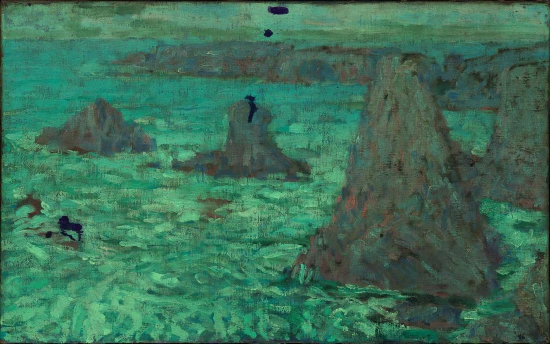 An oil painting by John Russell of a seascape and rock formations face at Belle Ile, photographed in UV light.