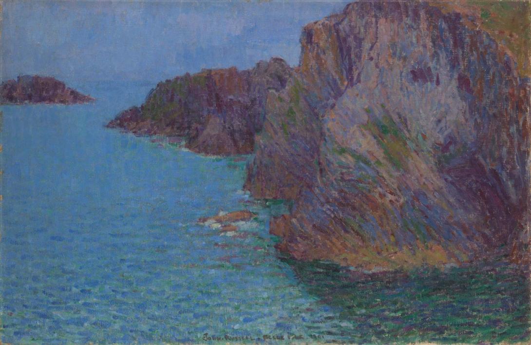 An oil painting by John Russell of a seascape and cliff face at Belle Ile.