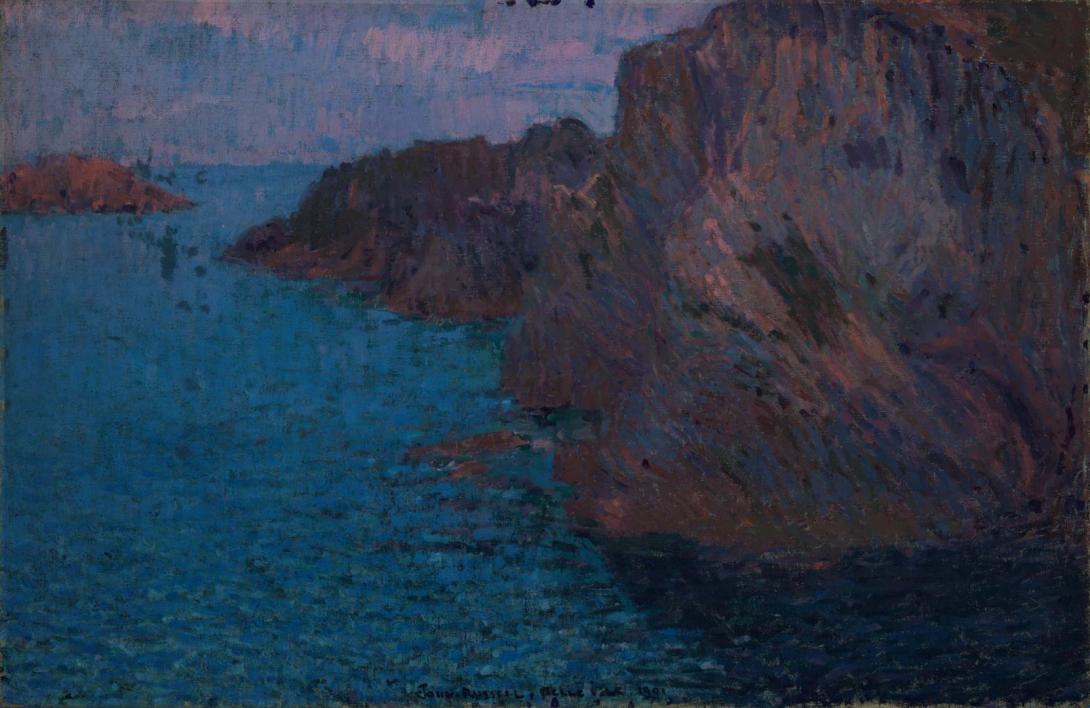 An oil painting by John Russell of a seascape and cliff face at Belle Ile, photographed in UV light.