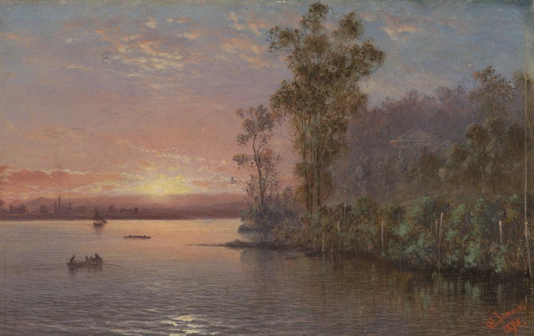 Slider: Raking light, Brisbane River, view up the river opposite the Hamilton Hotel 1894 JENNER, Isaac Walter