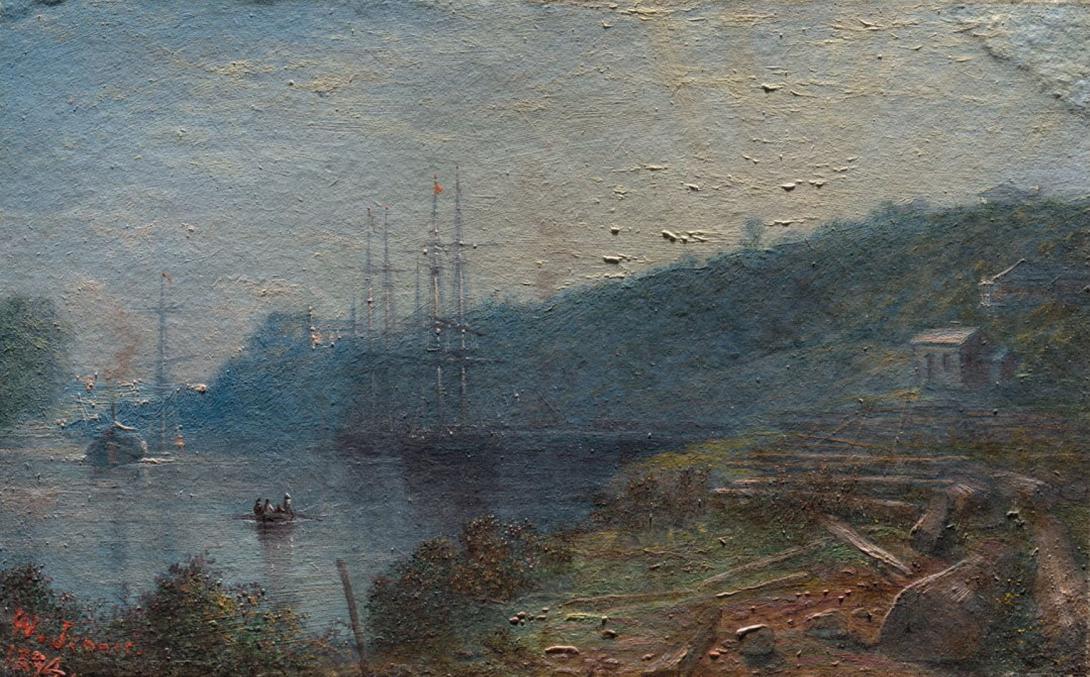 Slider: Raking light, Brisbane River, Garden Reach from near dry dock looking down river 1894 JENNER, Isaac Walter