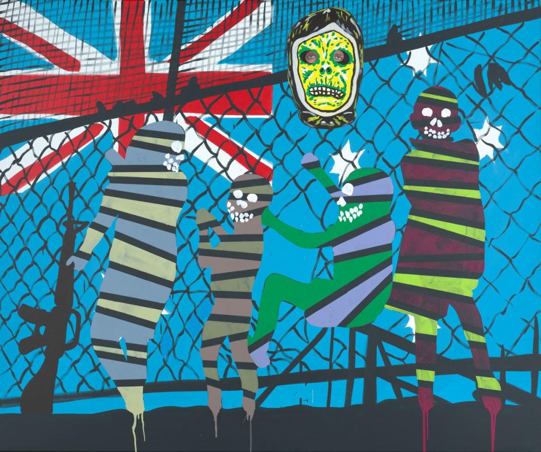 An acrylic painting of four stripped figures, one holding a rifle, standing in from of a mesh wire fence and looking up at the sky. The sky depicts the Union Jack and Southern Cross constellation, as seen on the Australian flag.