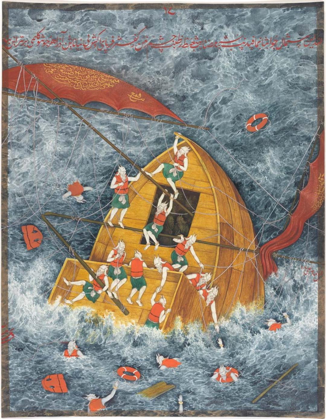 A watercolour painting with ink and gold leaf depicting demonic sailors in life jackets, jumping out of a ship sinking in a turbulent sea.