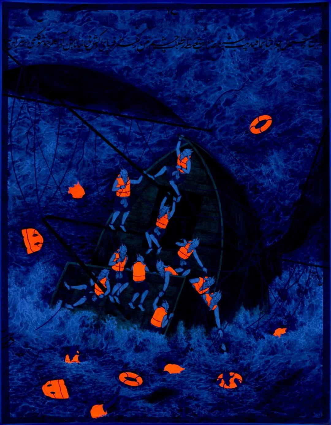 A watercolour painting with ink and gold leaf depicting demonic sailors in life jackets, jumping out of a ship sinking in a turbulent sea, photographed under UV light.