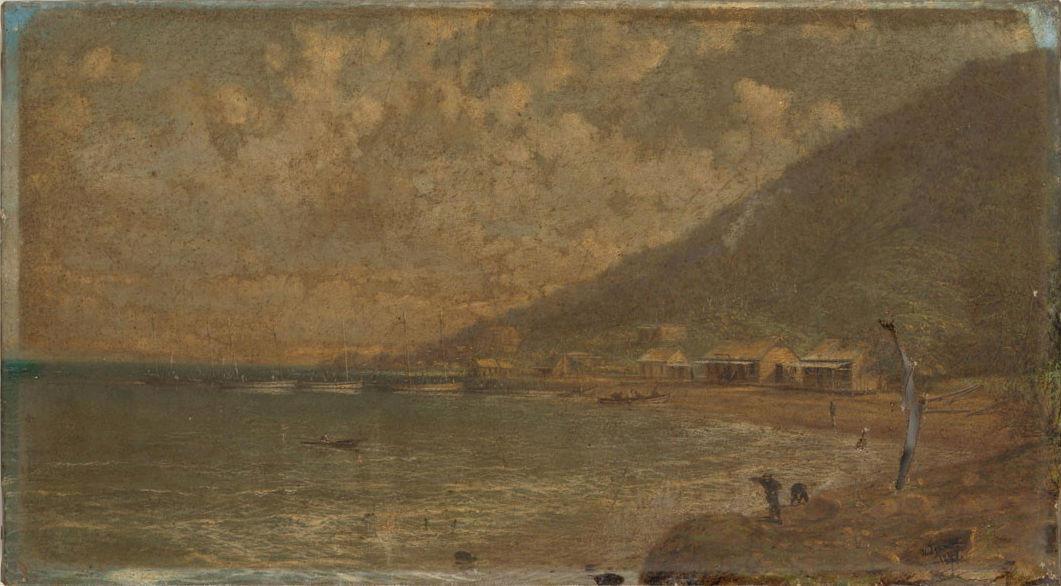 A yellowed and damaged oil painting of a pearl shelling station set upon a tropical beach.
