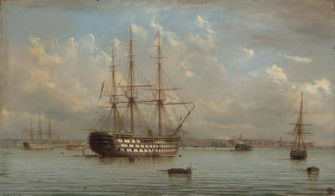 Slider: Raking light, HMS Victory at Portsmouth c.1881 JENNER, Isaac Walter