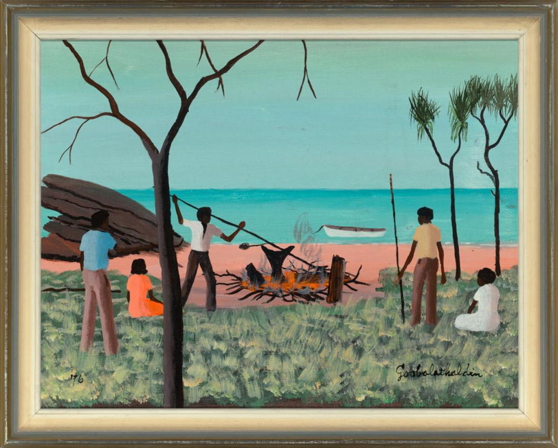 Goobalathaldin Dick Roughsey's 'Cooking dugong' presents men and women gathered around a fire on the beach, cooking their dugong feast, with their small boat moored in the shallows.