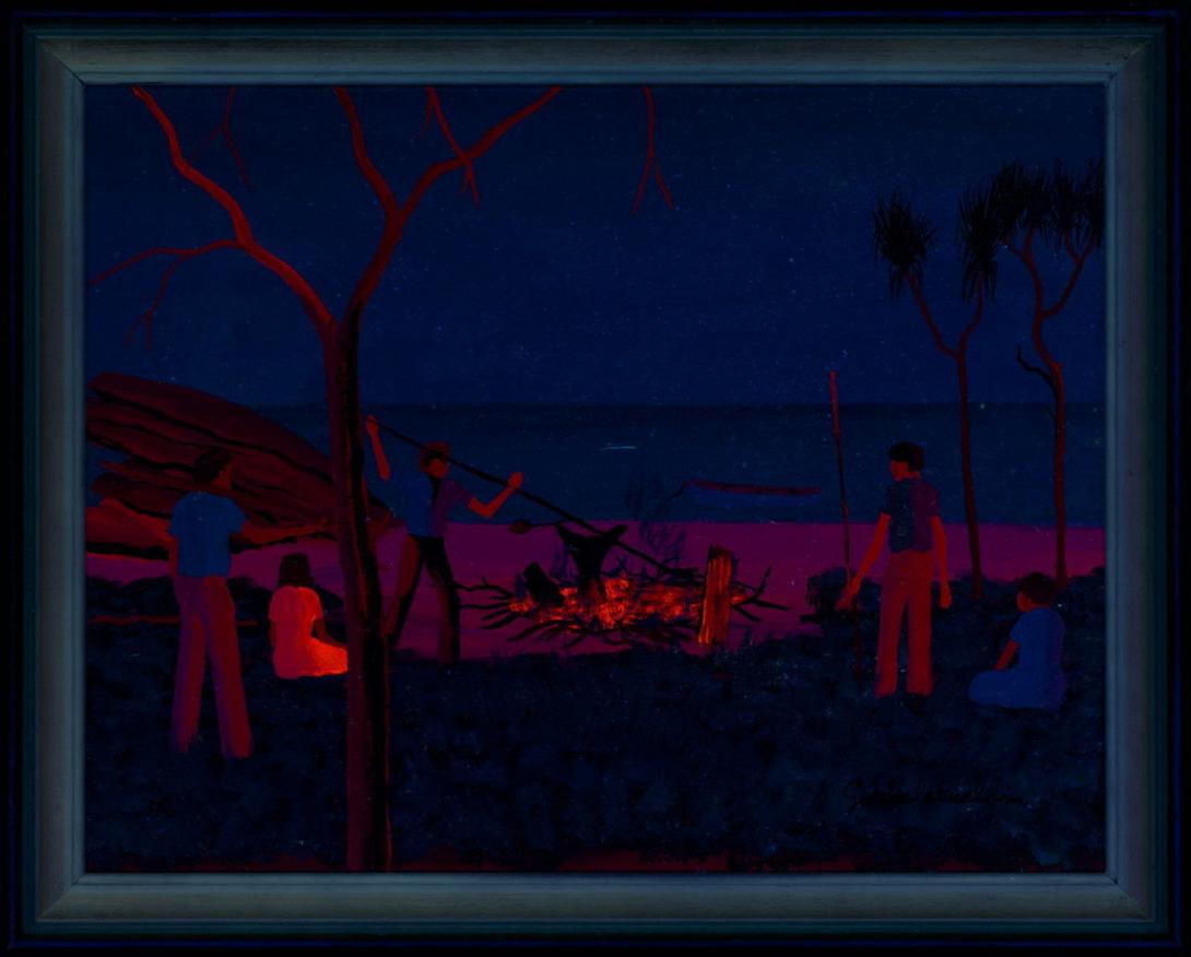 Goobalathaldin Dick Roughsey's 'Cooking dugong' presents men and women gathered around a fire on the beach, cooking their dugong feast, with their small boat moored in the shallows, photographed in UV light.