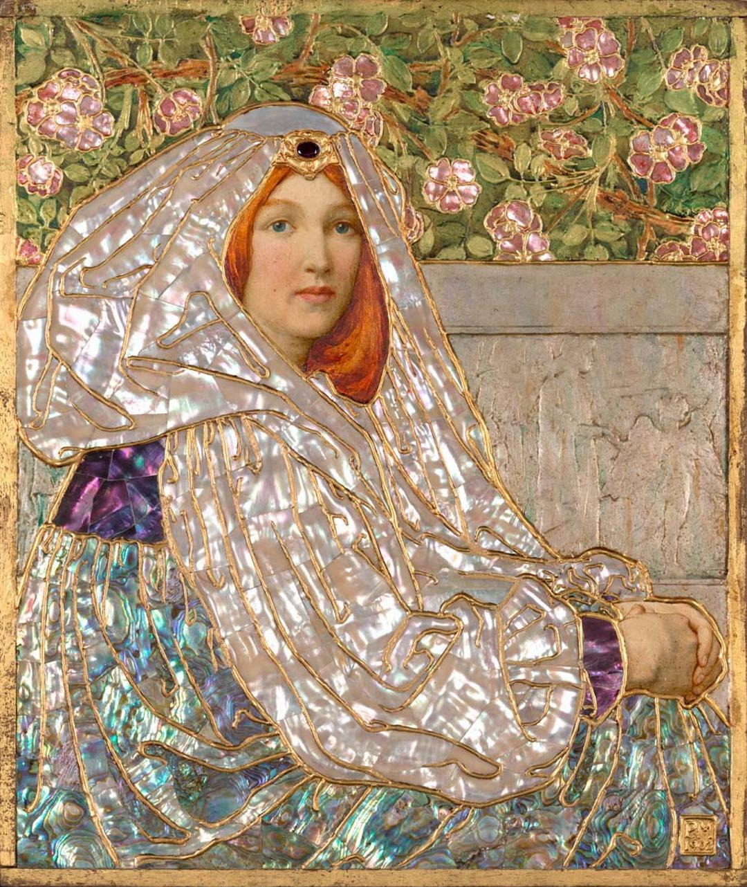 A painted portrait of an auburn-haired young woman, shrouded in garments made from mother of pearl and semi-precious stones.
