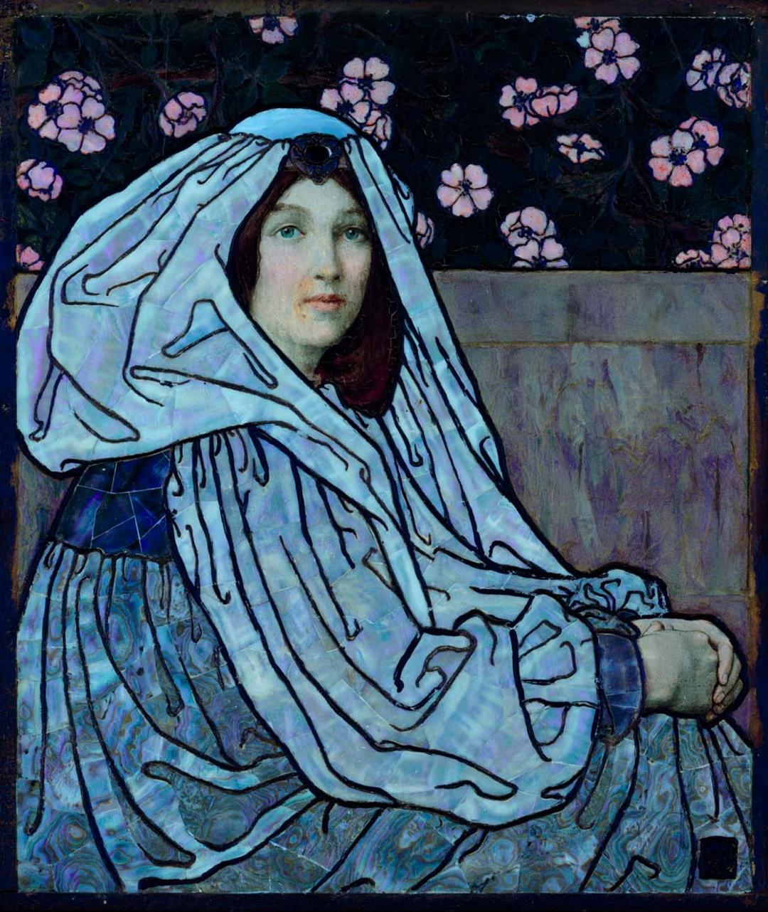 A painted portrait of an auburn-haired young woman, shrouded in garments made from mother of pearl and semi-precious stones, photographed under UV light.