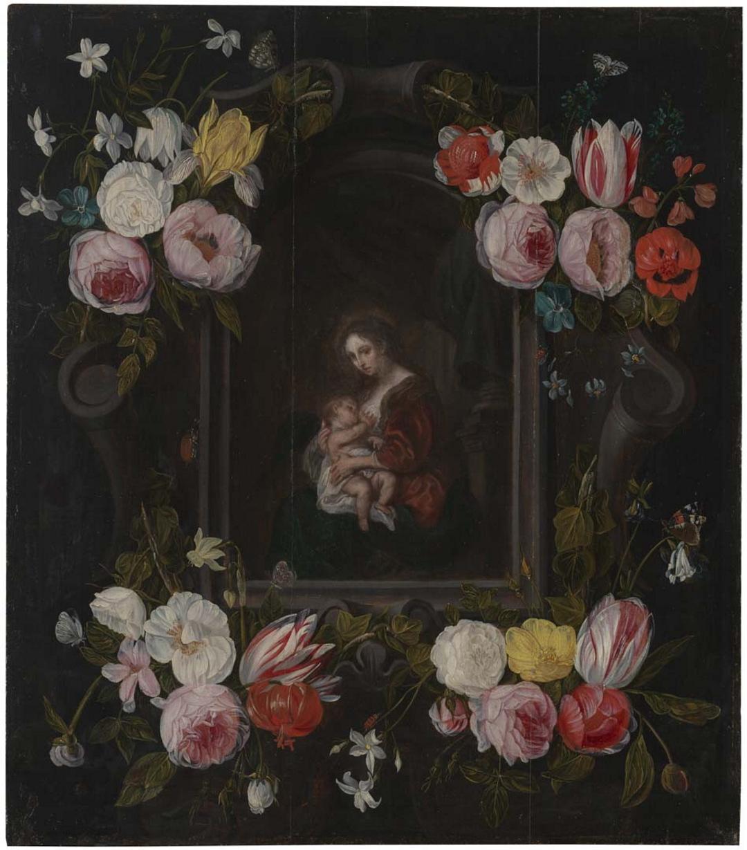 Slider: Raking light, Madonna and Child encircled by roses c.1650s