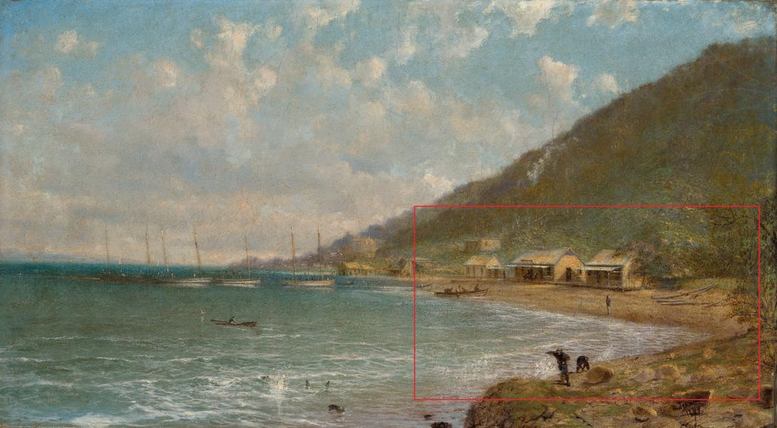 An oil painting of a pearl shelling station set upon a tropical beach, recently restored, with bright blue skies and seas; a red rectangle in the bottom-right corner indicates where a section of under-drawing will be revealed.