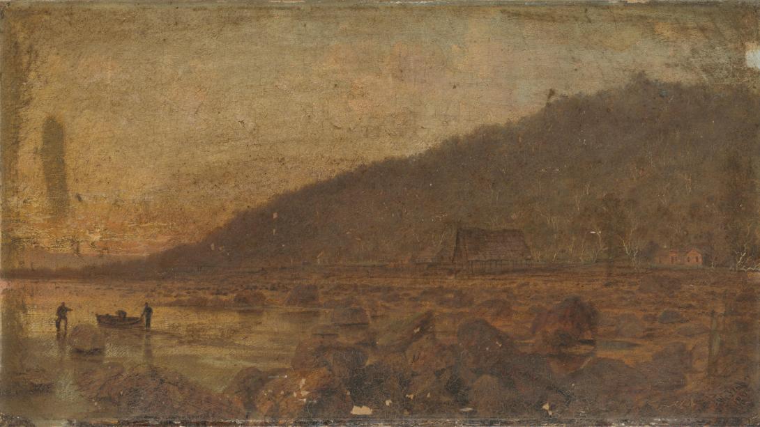 A pre-conservation oil painting of a tropical coastline featuring a pearl shelling station; its aged varnish makes the image muddied and yellowed.