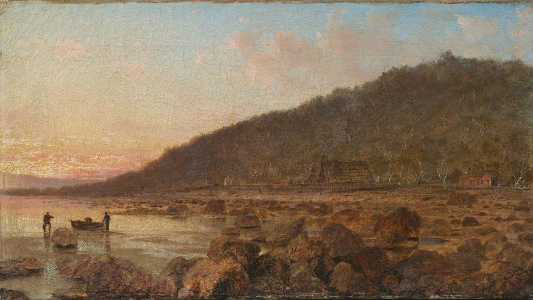 A restored oil painting of a tropical coastline featuring a pearl shelling station.