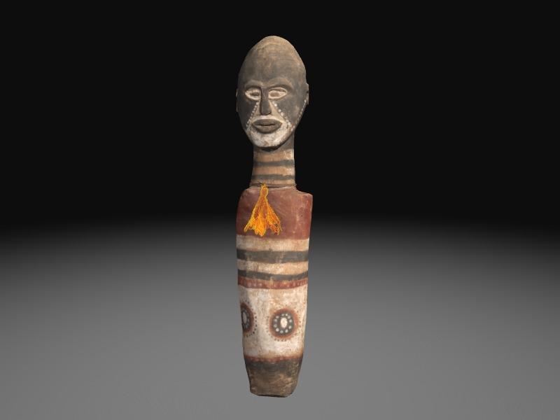 A screenshot of a 3D rendering of a figurative sculpture of a little man, with his feather-pendant necklace highlighted in orange. 