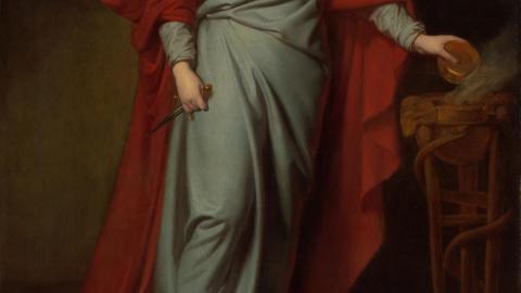 An oil painting of a woman in a blue dress and red robe; this detail shows just her midsection -- she is holding a dagger in her right hand.