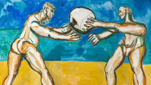 A detail view of an oil painting of two nude volleyball players on the beach.