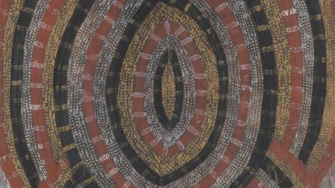 A work of concentric ovals in natural pigments on eucalyptus bark by Deaf Tommy Mungatopi (detail view)
