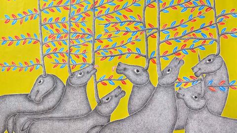 A painting of seven deer-like creatures with trees growing in place of antlers; the background is bright yellow and the trees' leaves are red and green.