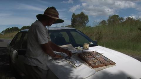 A still photograph of a man painting on a canvas spread on the bonnet of his white car, which is parked on the side of the road on a sunny Queensland day in a bushy landscape.