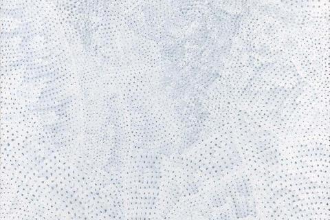 A detail view of a painting of many tiny crescents on a cream background, appearing to represent foam, water or cells.
