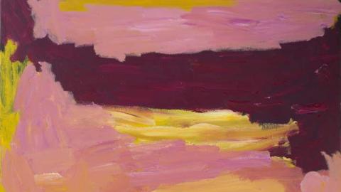 A detail view of an abstract artwork made with deep pinky-purple, light pink and yellow paint.