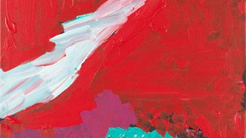 A detail view of a painting made with bright red, pink, teal and white paint.