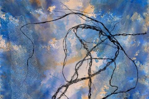 A detail view of an abstract artwork representing string over blue water.