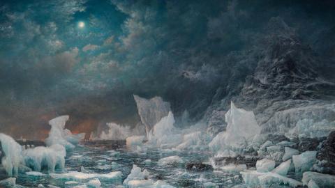An oil painting of icebergs under a brightly lit night sky with a full moon showing through the clouds.