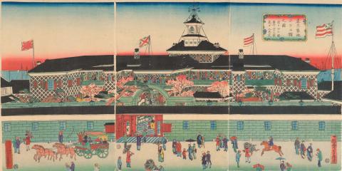 Artwork Tokyo Tsukiji Hoterukan no zu (View of the hotel at Tsukiji, Tokyo) this artwork made of Woodblock print, ink and colour on paper, created in 1870-01-01