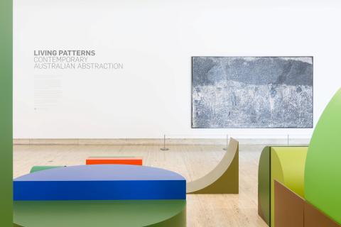 Installation view of ‘Living Patterns’, featuring works by (l–r) Paul Bai, Timothy Cook, Tyza Hart and Jonny Niesche, Watermall, QAG, October 2023 / © The artists / Photograph: C Callistemon, QAGOMA