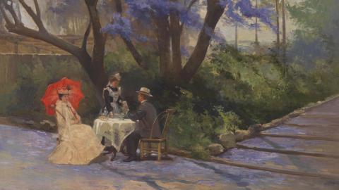 A detail view of an oil painting in which a trio of people in Edwardian dress sit under a jacaranda tree in full bloom.