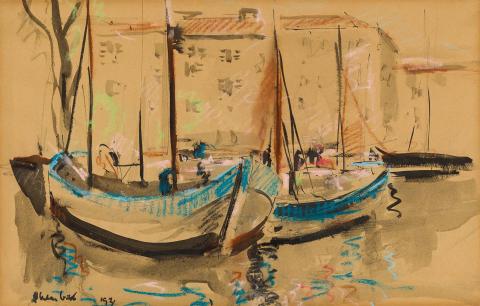 Artwork Cornish fishing boats this artwork made of Watercolour, pastel, brush and ink over pencil on thin wove paper, created in 1931-01-01