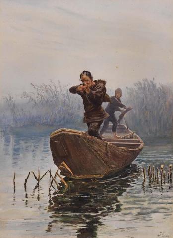 Artwork The duck shooters this artwork made of Watercolour on paper, created in 1900-01-01