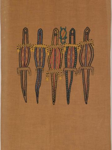 Artwork Embroidered panel this artwork made of Hessian embroidered in multicoloured wool with five lizards in an Aboriginal style, created in 1945-01-01