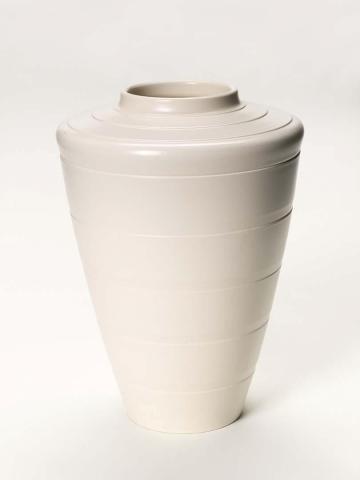 Artwork Vase this artwork made of Earthenware, wheelthrown conical shape with incised ridges and moonstone glaze, created in 1930-01-01