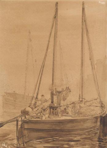 Artwork Scotch Herring Boats, Whitby this artwork made of Pen and brown and black ink and wash on thick cream wove paper