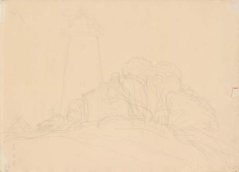 Artwork (Landscape with tower and trees) this artwork made of Pencil on thick cream wove paper