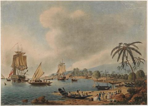 Artwork View of Matavai Bay, Tahiti this artwork made of Aquatint, hand-coloured, created in 1788-01-01
