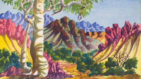 A detail view of a watercolour landscape depicting the bright colours of Central Australia.