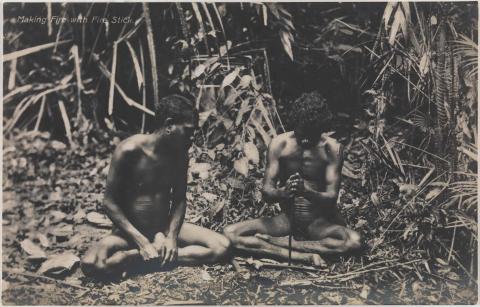 Artwork Yidinji men making fire with firesticks this artwork made of Commercial photo postcard