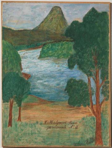 Artwork Mulgrave River, Gordonvale, N.Q. this artwork made of Coloured pencil, graphite and gouache on paper on board, created in 1954-01-01