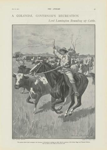 Artwork A colonial Governor's recreation: Lord Lamington rounding up cattle (from 'The Sphere', London, 1901) this artwork made of Engraving on paper, created in 1901-01-01