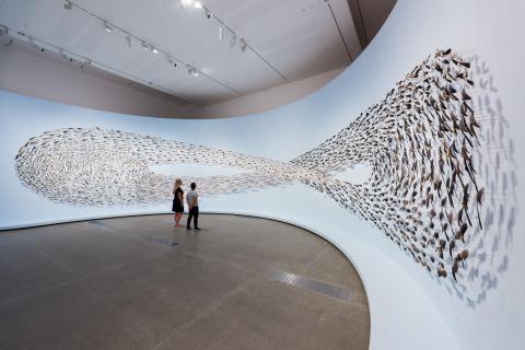 An installation view of a large work comprises of tools made with feathers, arranged on a wall to form a huge infinity symbol.